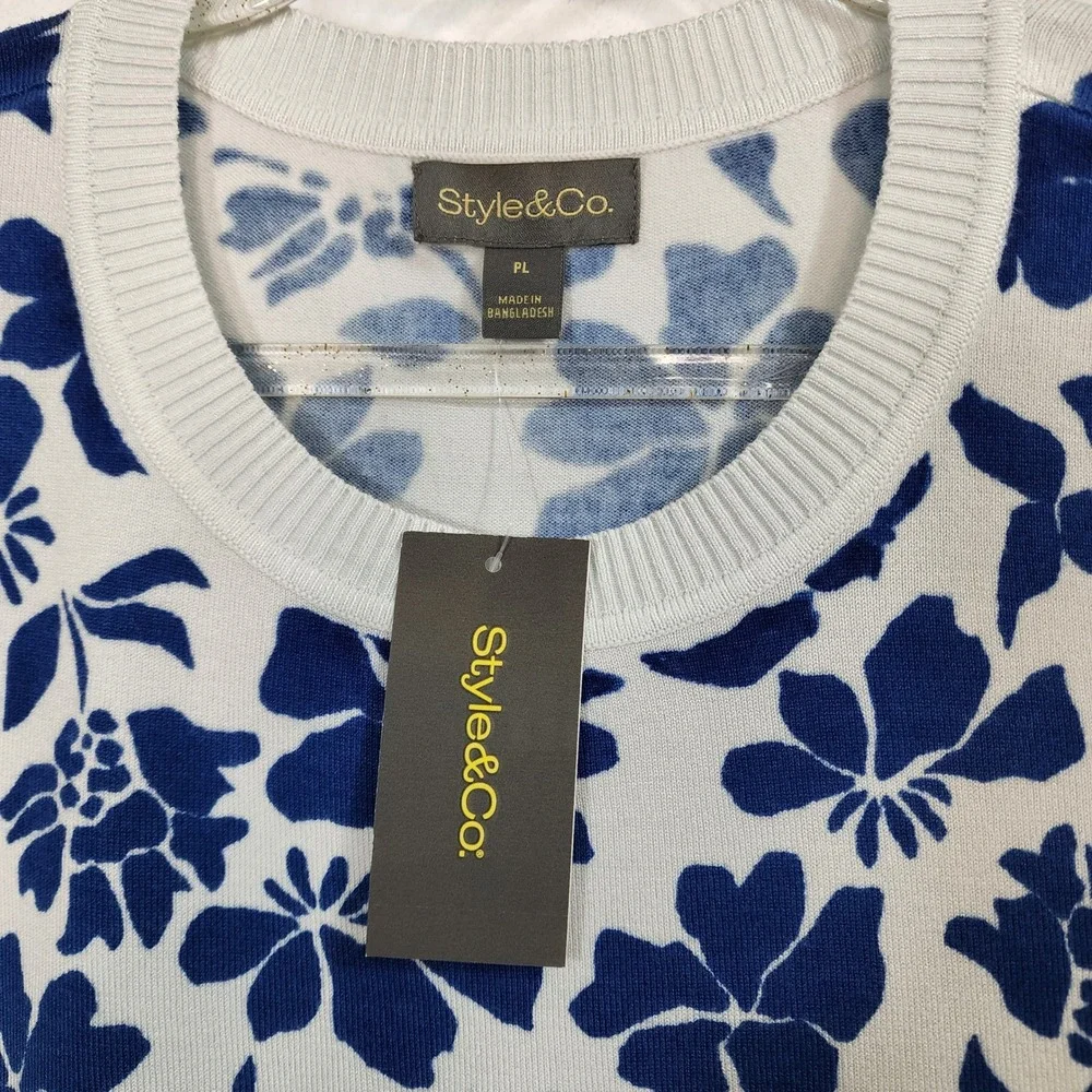 Style Co Petite PL‎ Blue White Floral Print Knit Sweater Vest Sleeveless Top